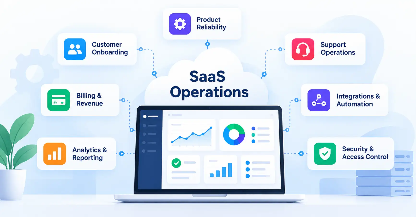 SaaS operations dashboard showing connected workflows, automation, security, billing, and performance monitoring.