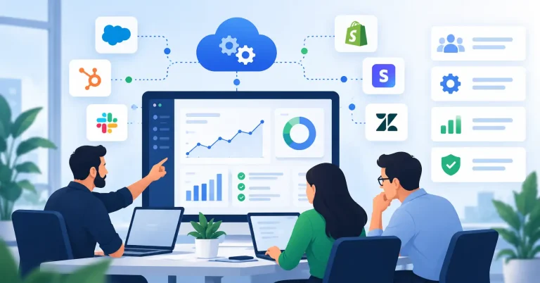 SaaS operations strategy dashboard showing connected workflows, automation, and business performance metrics.