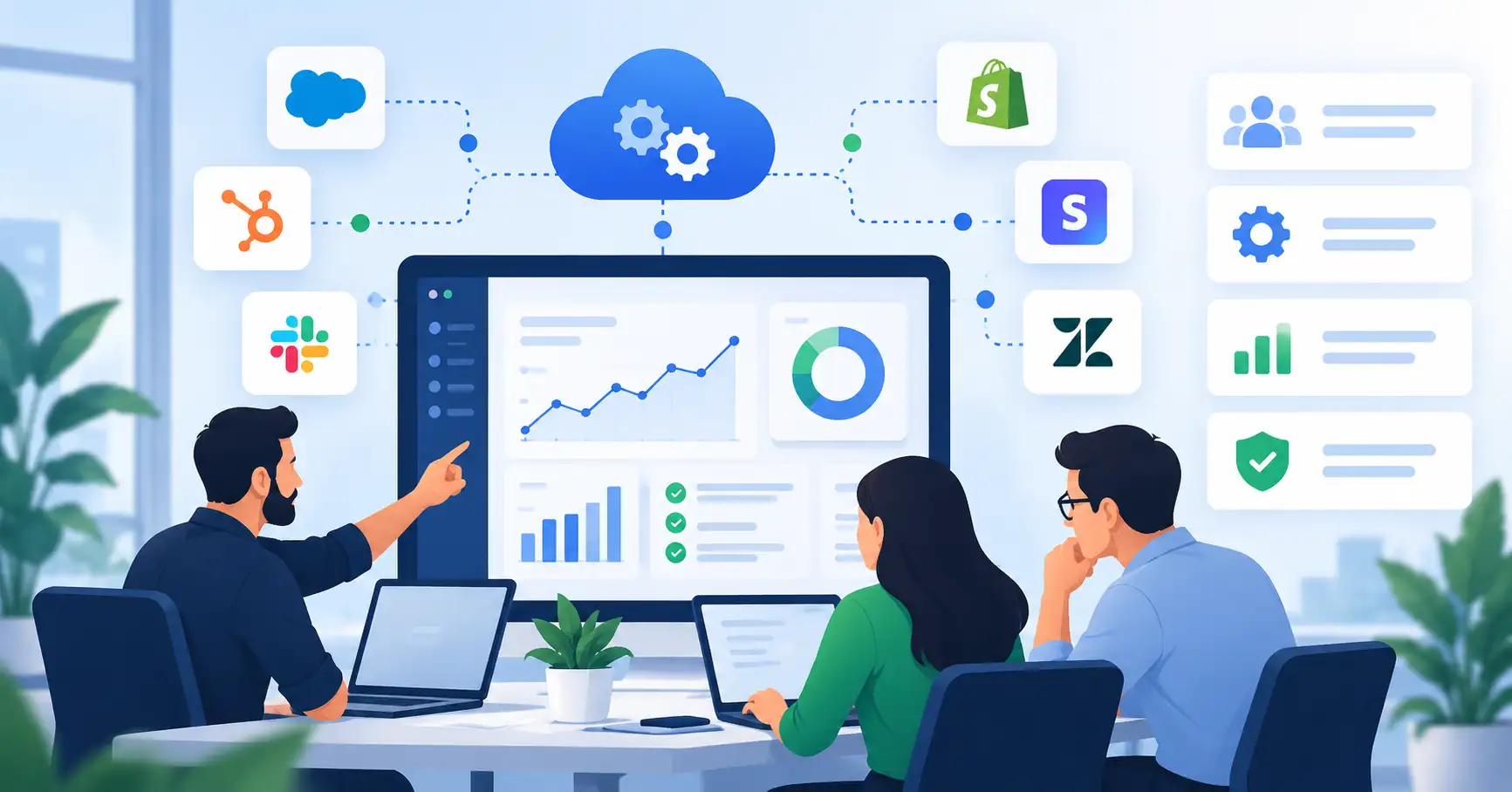 SaaS operations strategy dashboard showing connected workflows, automation, and business performance metrics.