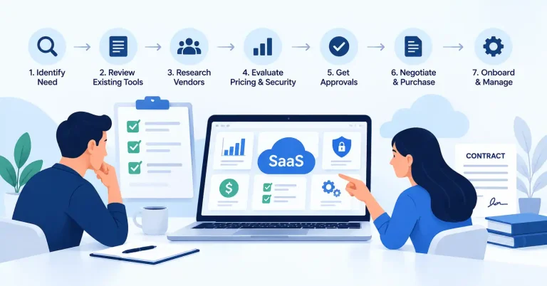 SaaS procurement process showing vendor evaluation, pricing comparison, security review, budget approval, and contract management.