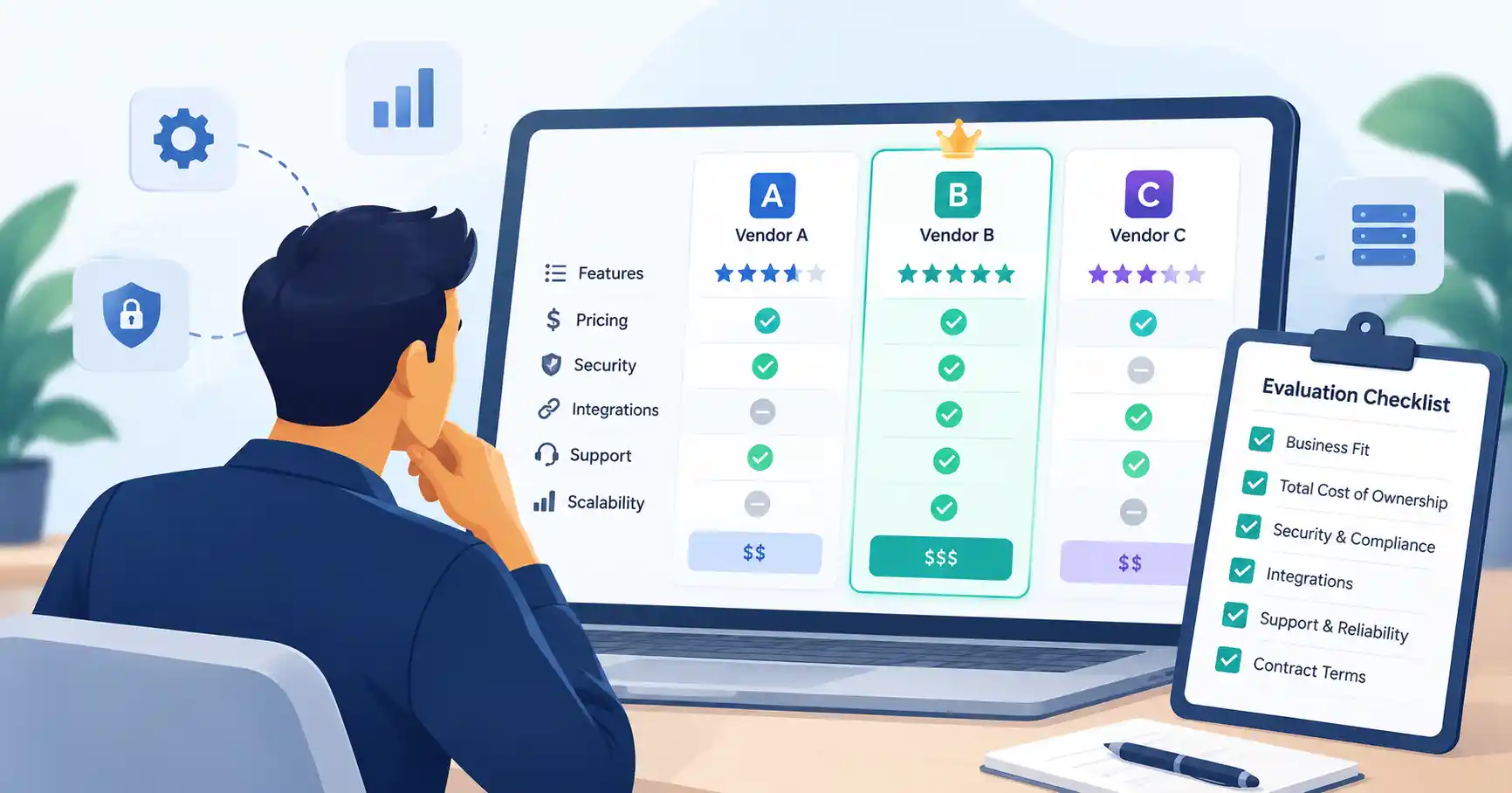 SaaS vendor evaluation scorecard comparing software providers by pricing, security, features, and integrations.