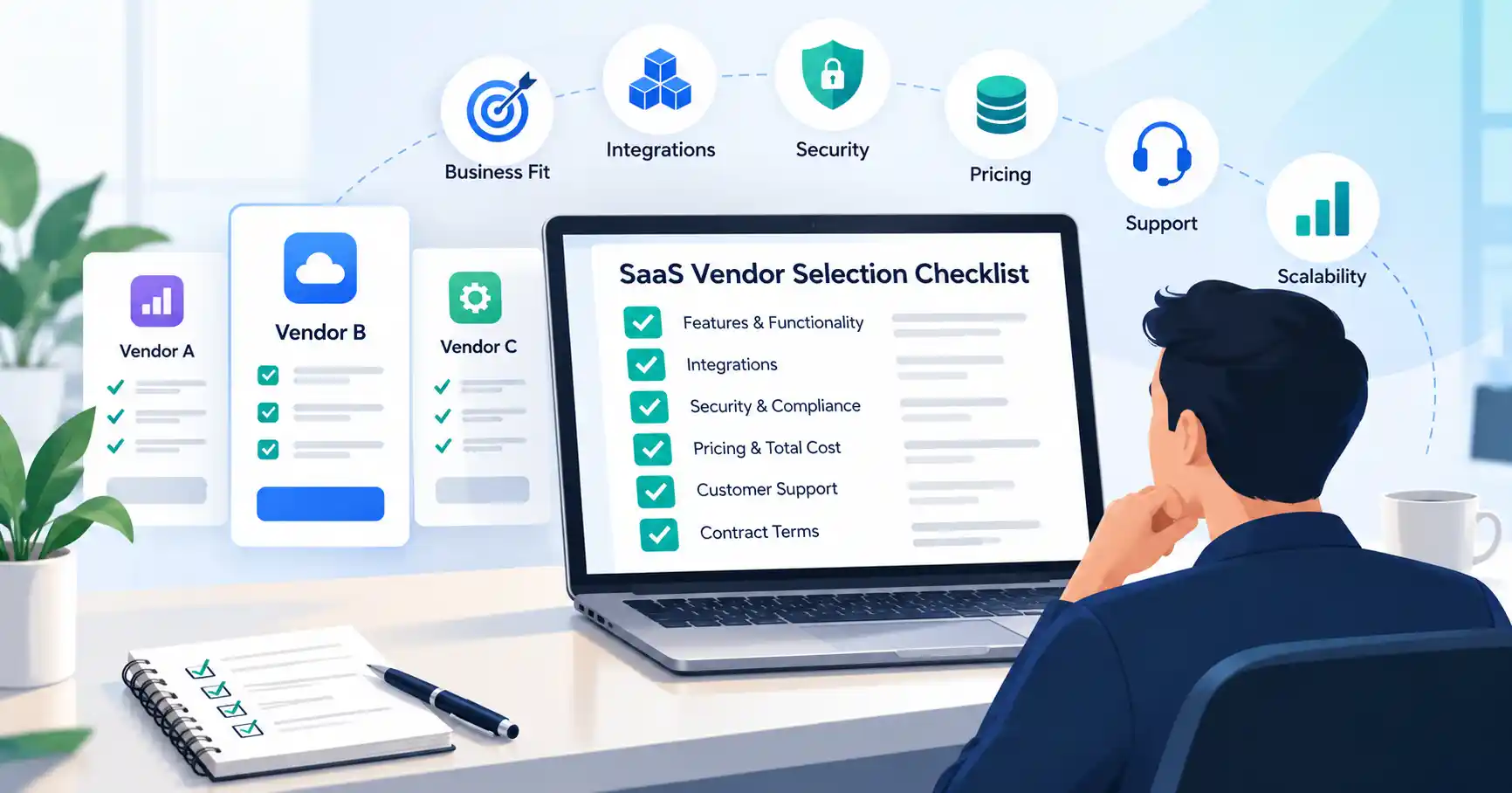 SaaS vendor selection checklist for comparing software features, security, pricing, and integrations.