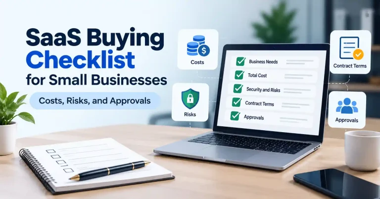 SaaS buying checklist for small businesses covering software costs, security risks, and purchase approvals.
