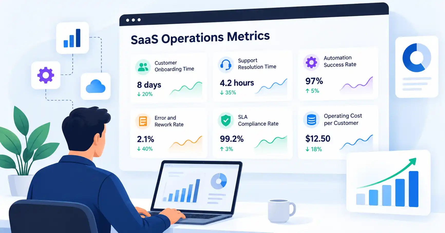 SaaS operations metrics dashboard showing workflow efficiency, automation success, customer onboarding, and operational costs.